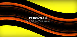 Psicomante.net, Drupal, Shaders and Web Development. The background is abstract and it represents a set of curved (sin) lines. The varying color includes black, red, orange and yellow